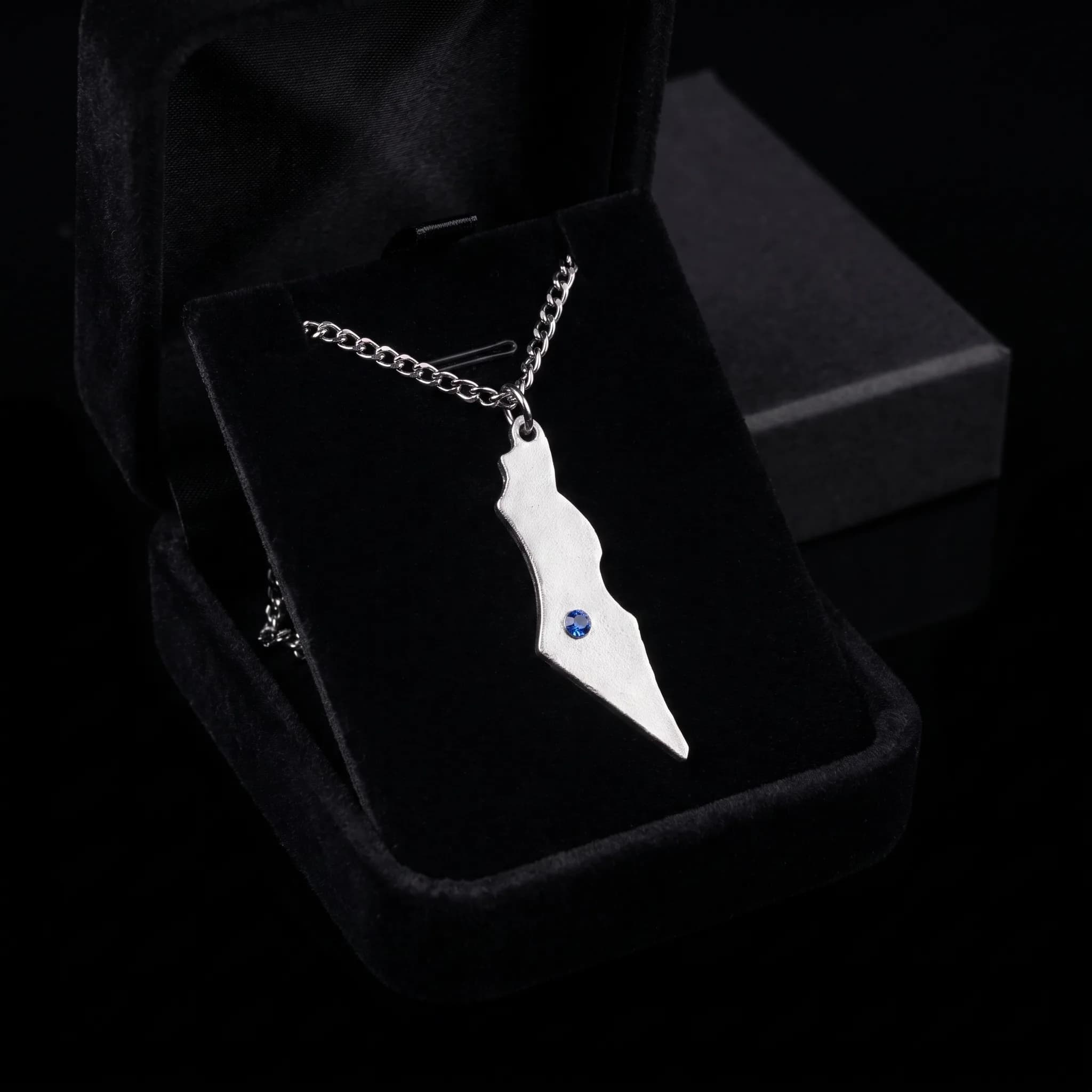 Israel Map Necklace displayed in a black jewelry box
