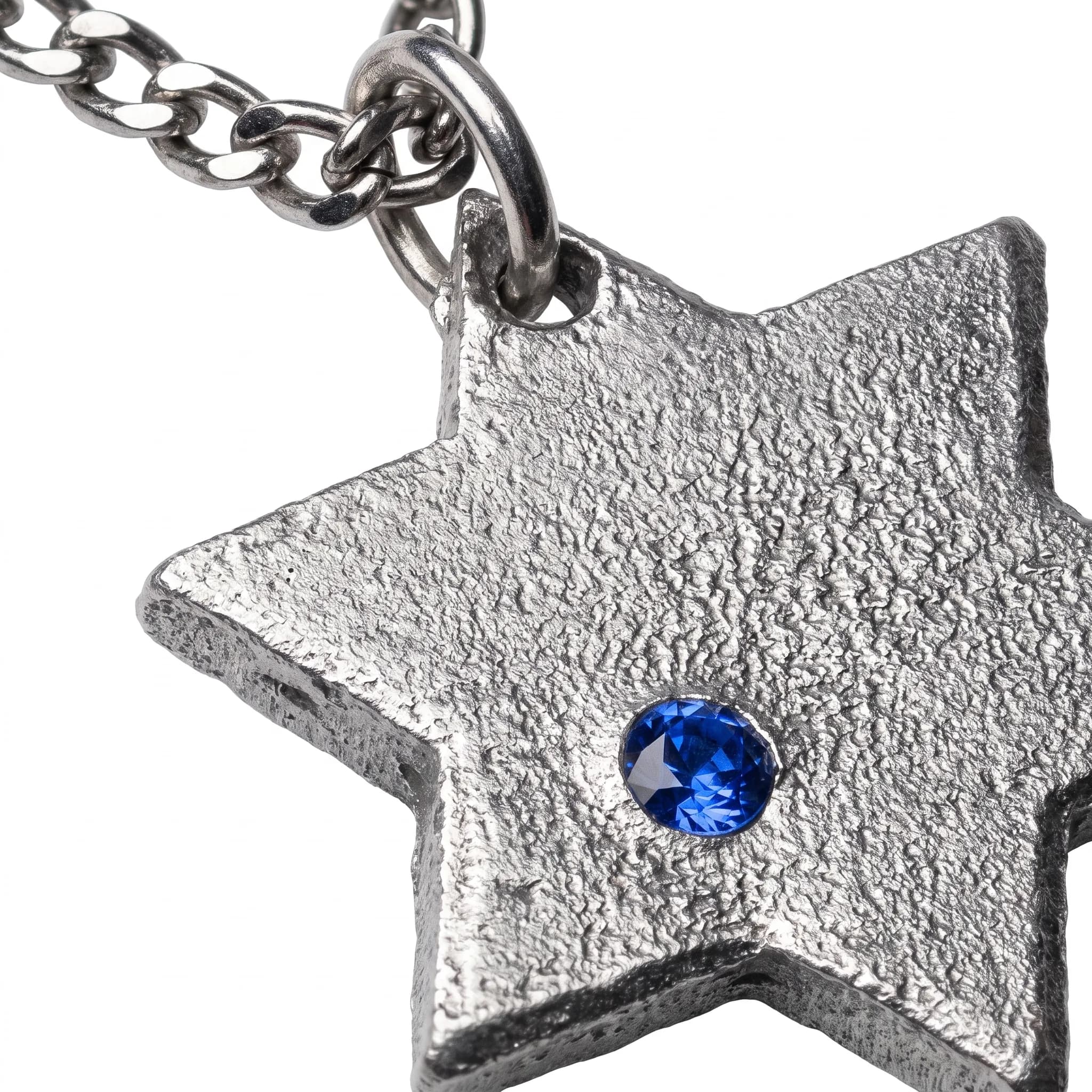 Close-up detail of the Magen David Necklace showing the blue stone and textured metal